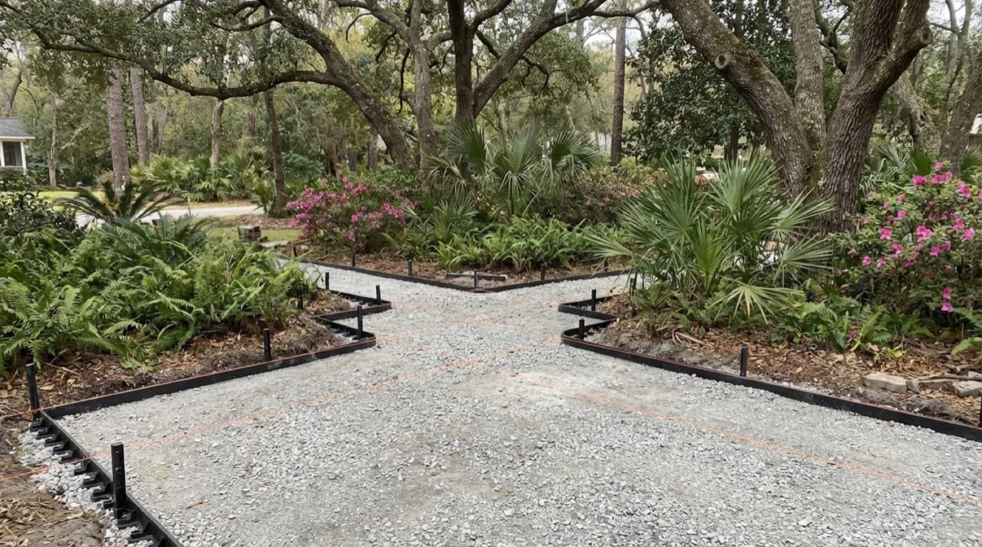 Uneven paver installation with visible settling and water pooling