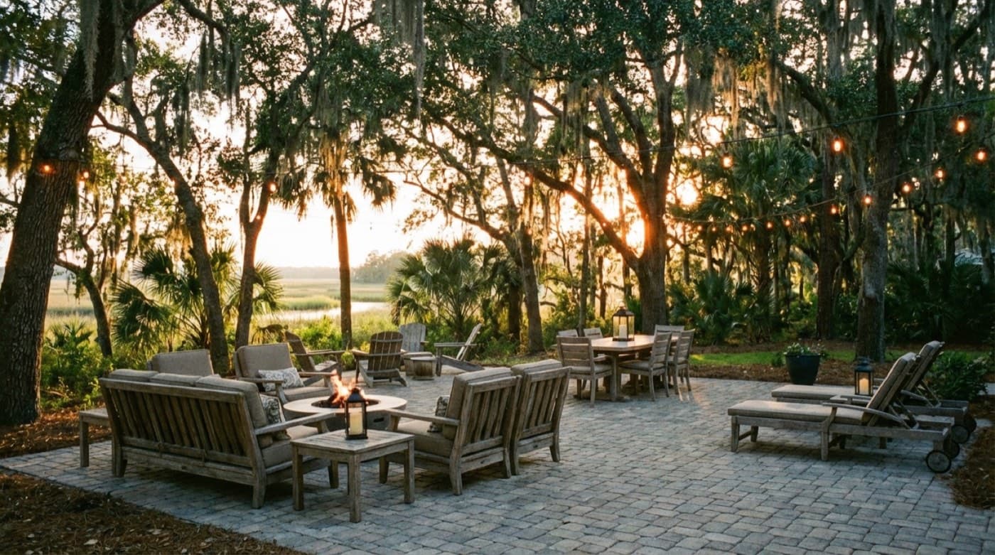 Finished outdoor living area with seating and warm evening lighting