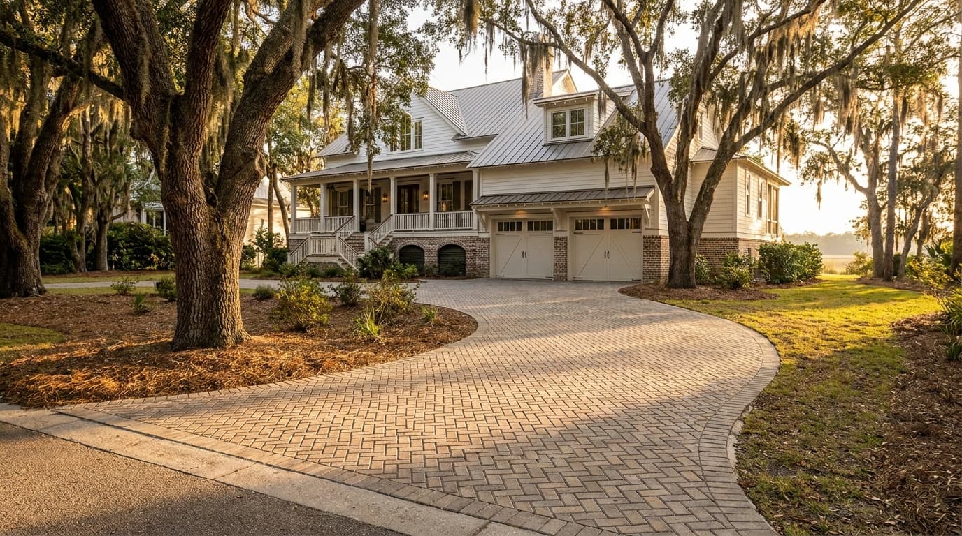 45-degree herringbone paver driveway at a Lowcountry home