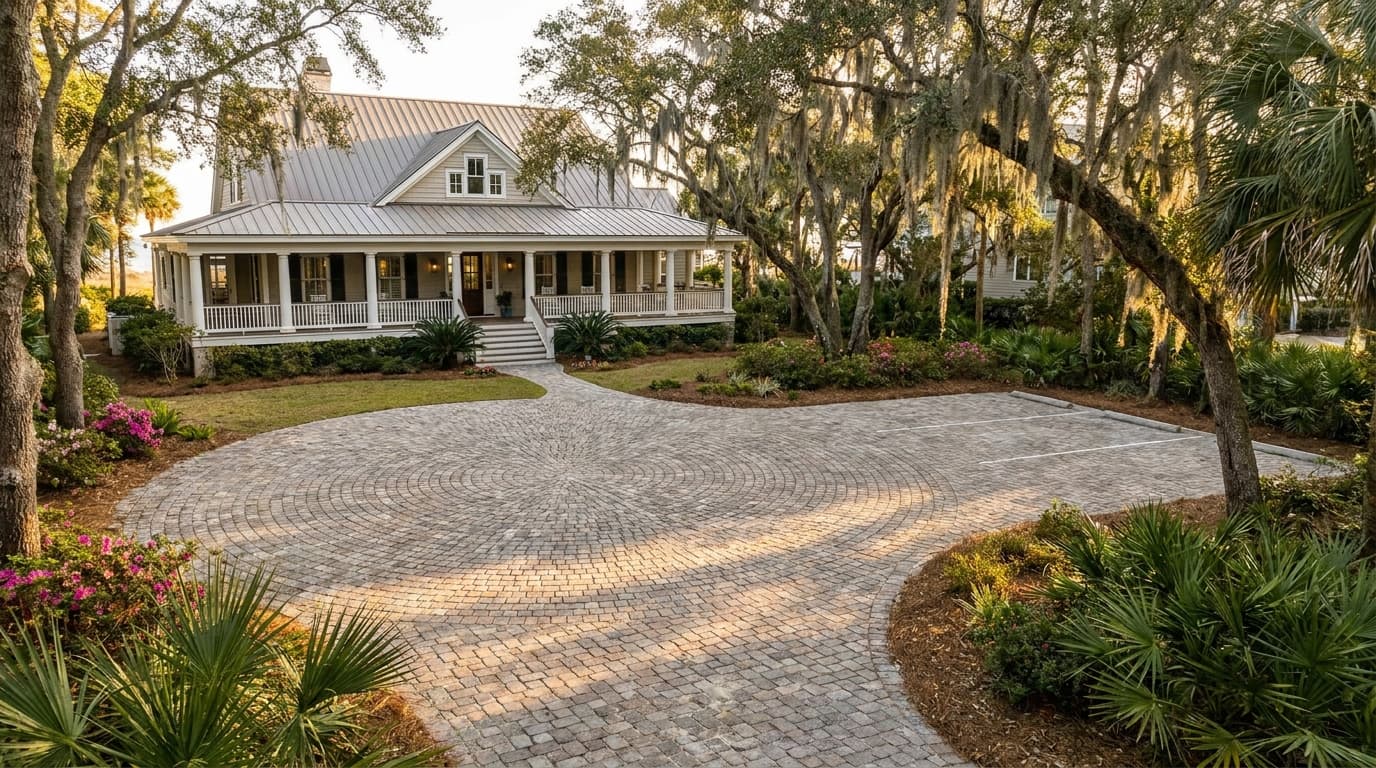 Circular paver motor-court driveway at a large Lowcountry home