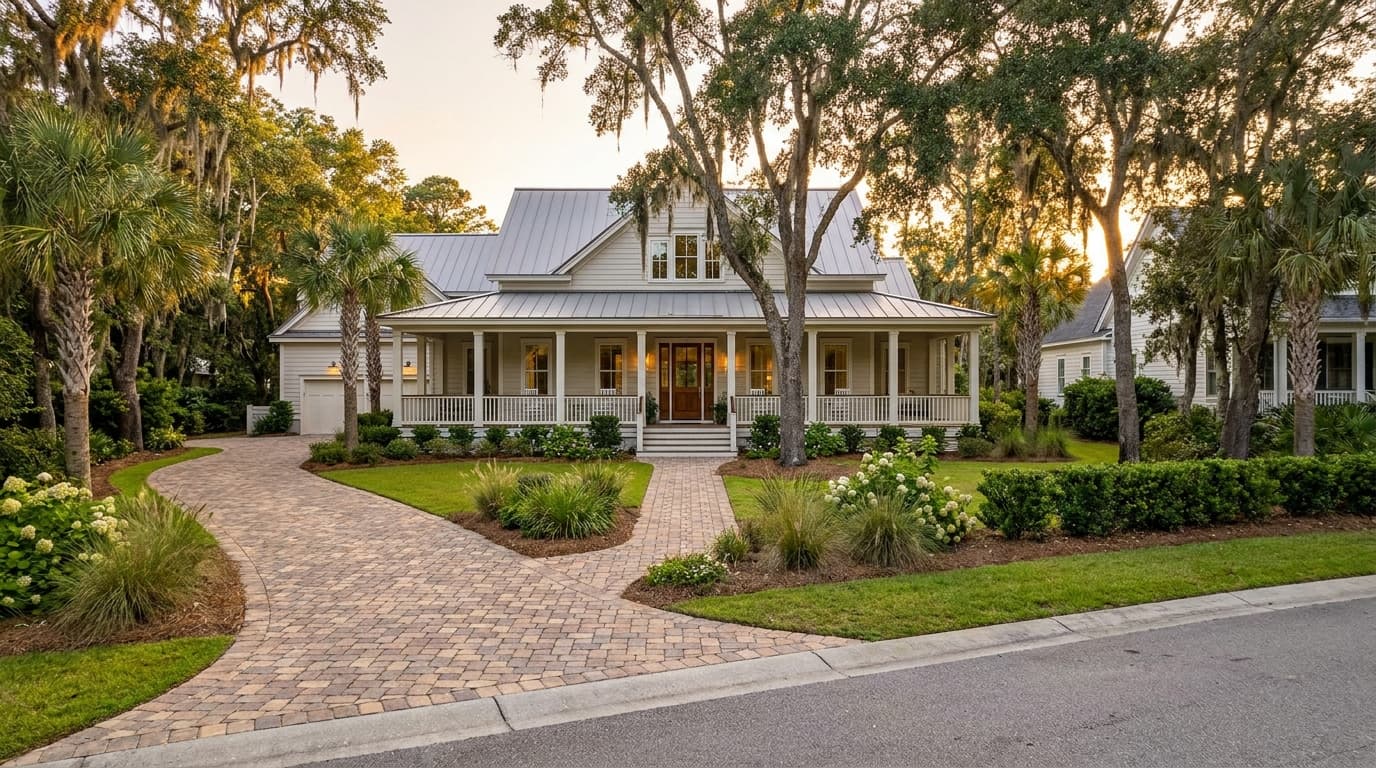 Paver driveway flowing into a matching front entry walkway