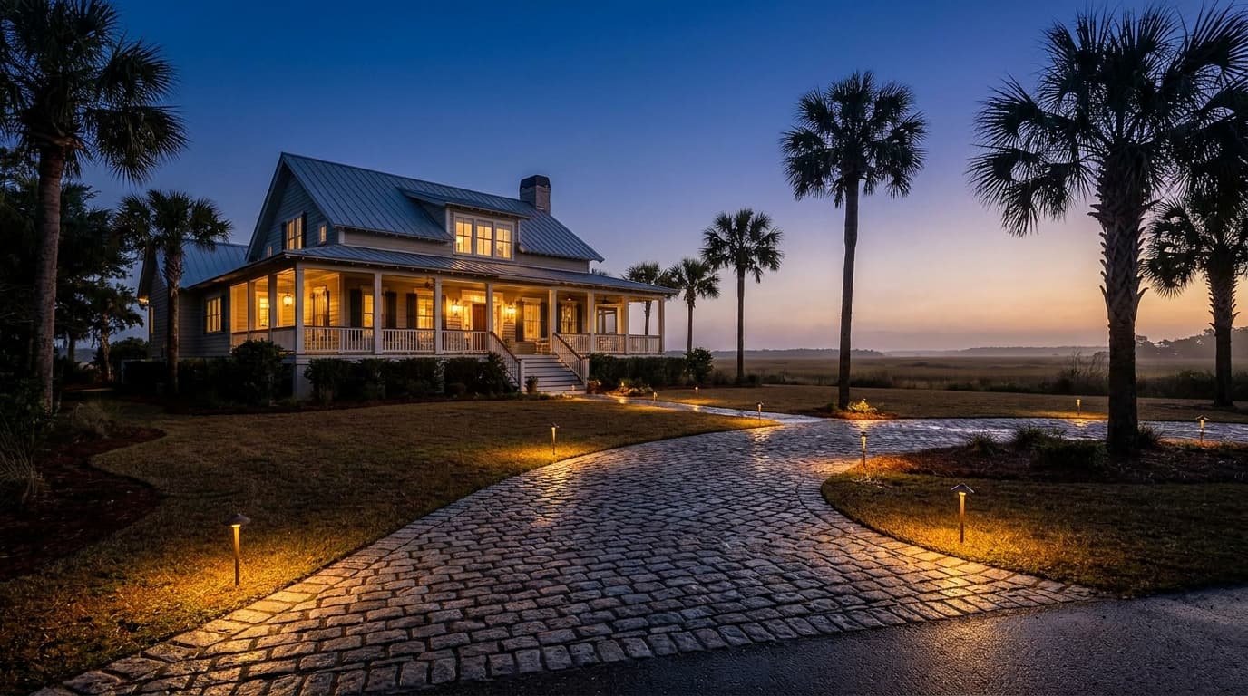 Paver driveway with low-voltage border lighting at dusk