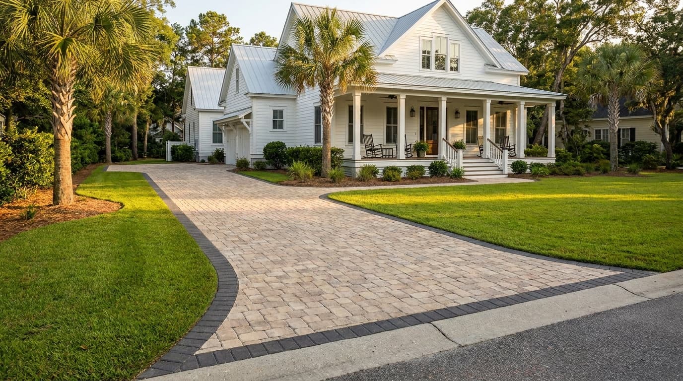 Paver driveway with a contrasting soldier-course border