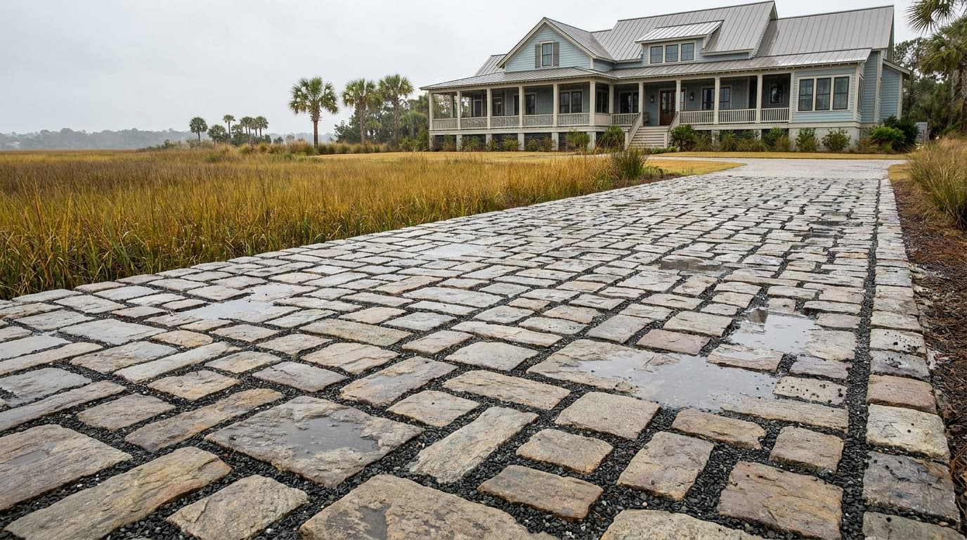 Permeable paver driveway with open, aggregate-filled joints