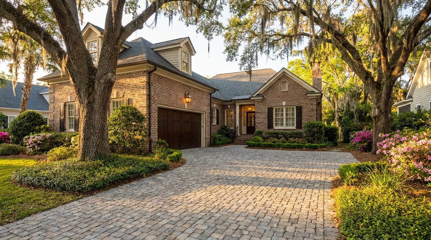 Cobblestone-style paver driveway with an old-world look