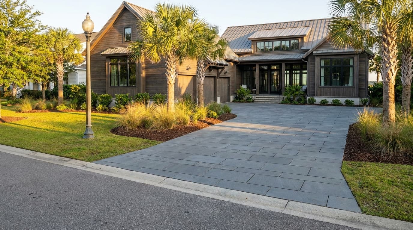 Modern large-format paver driveway in a neutral grey tone