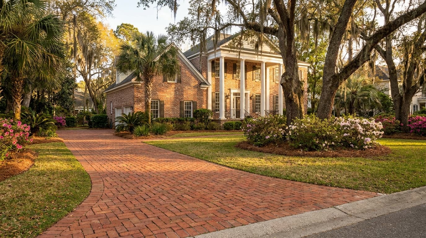 Clay brick paver driveway with warm red tones
