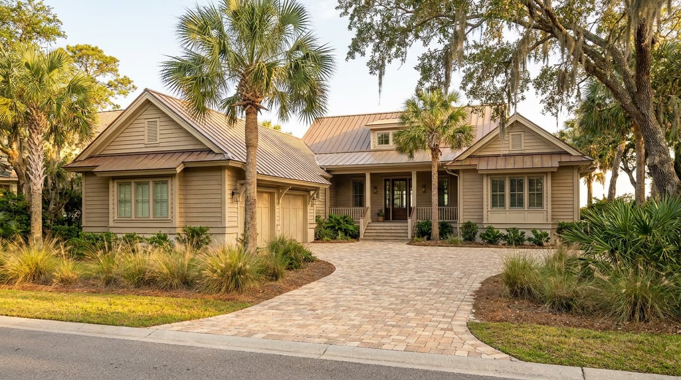 Paver driveway in a warm blend matched to the home’s exterior