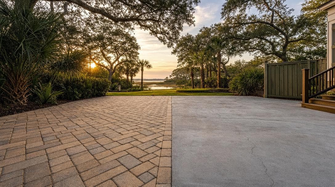 Side-by-side comparison of a herringbone paver patio and a poured concrete patio overlooking a Lowcountry marsh at sunset