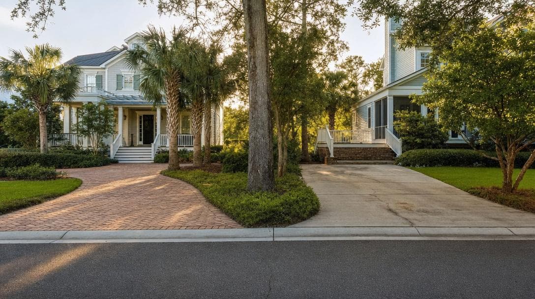 Two adjacent residential driveways in coastal South Carolina — one in herringbone clay pavers, the other in plain concrete — leading to Charleston-style homes