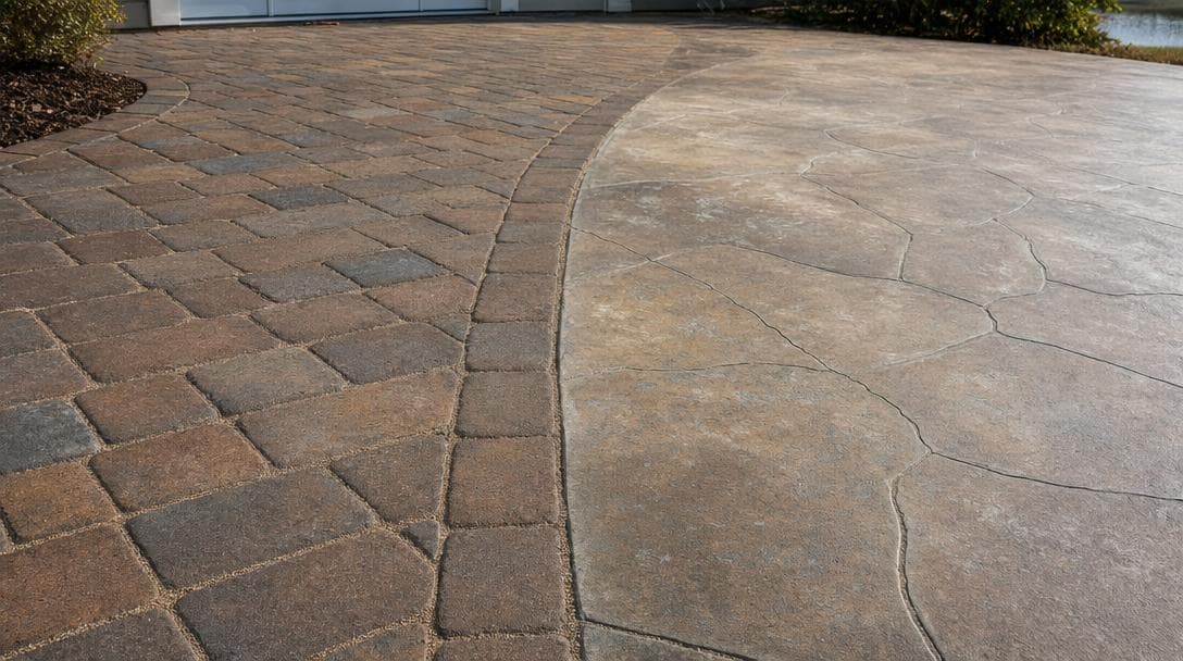 Close-up comparison showing a true paver patio next to stamped concrete with visible cracks and color fading