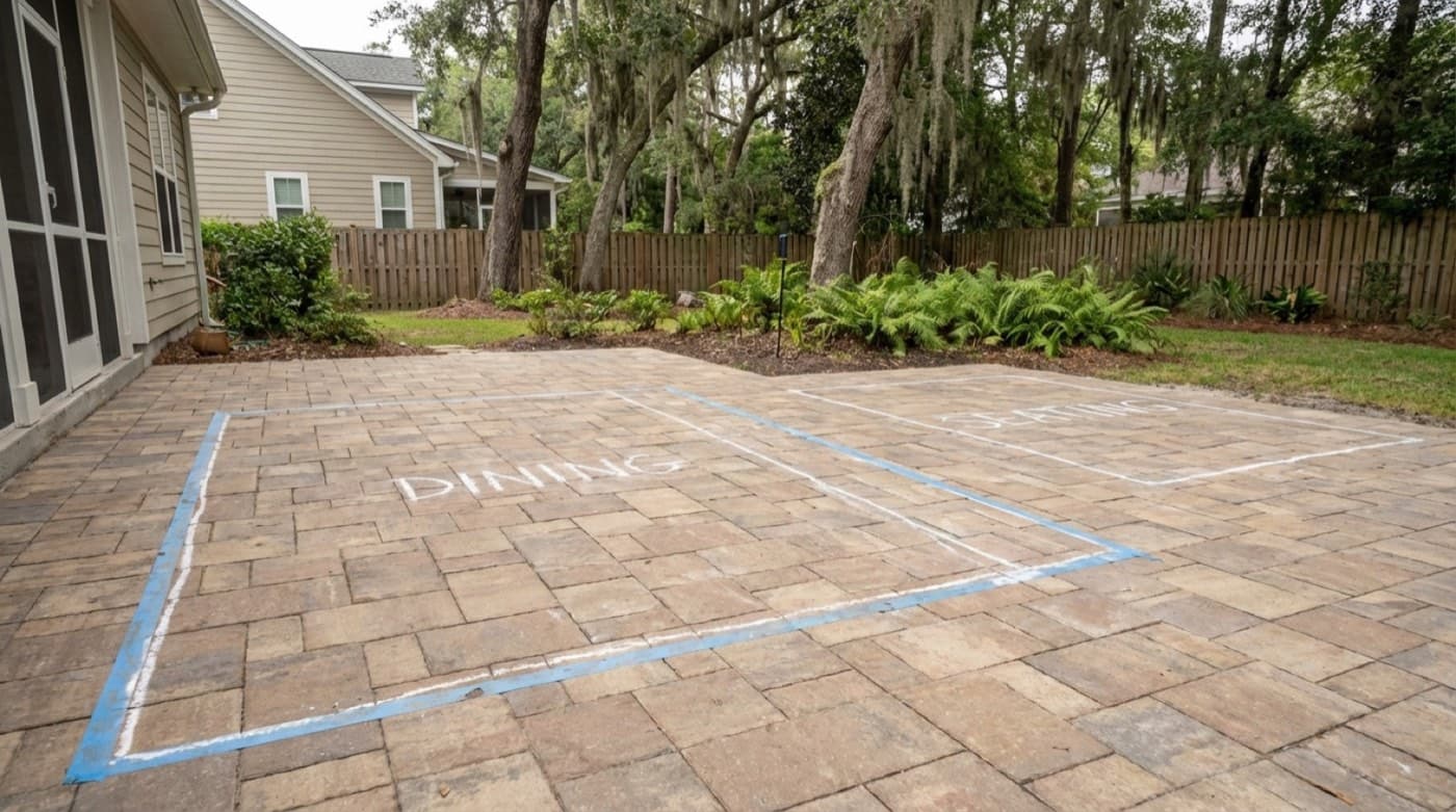 Paver base preparation and layout lines for an outdoor entertaining space