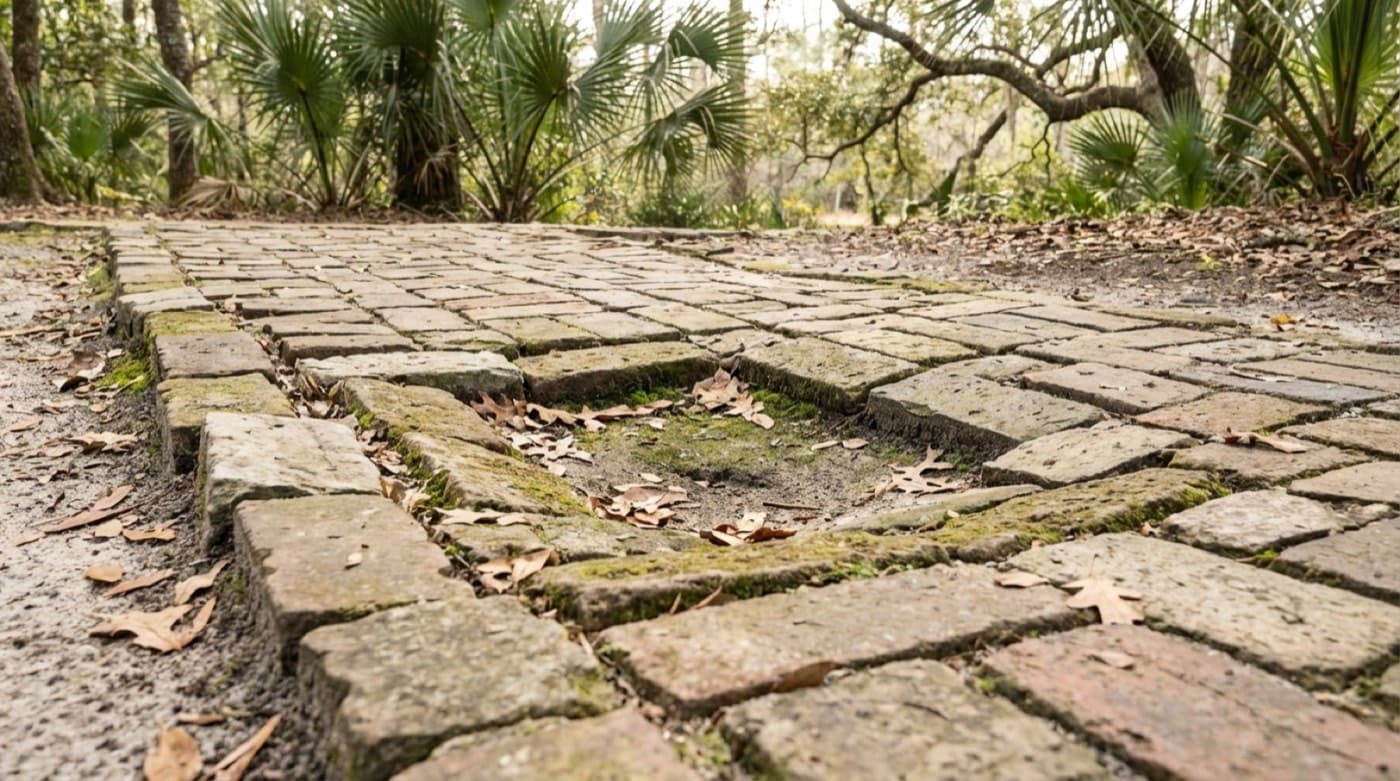 Uneven paver installation with standing water in an outdoor space
