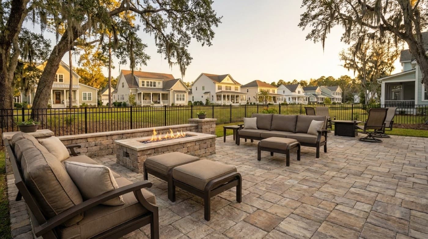 Finished outdoor entertaining area with seating and a fire feature