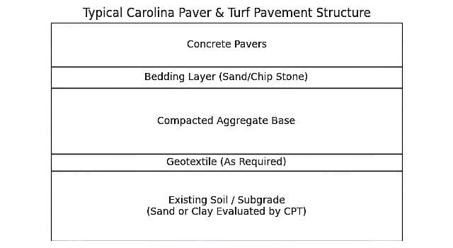 Cross-section diagram of a Carolina Paver & Turf pavement structure: concrete pavers, bedding layer, compacted aggregate base, geotextile, and existing soil subgrade