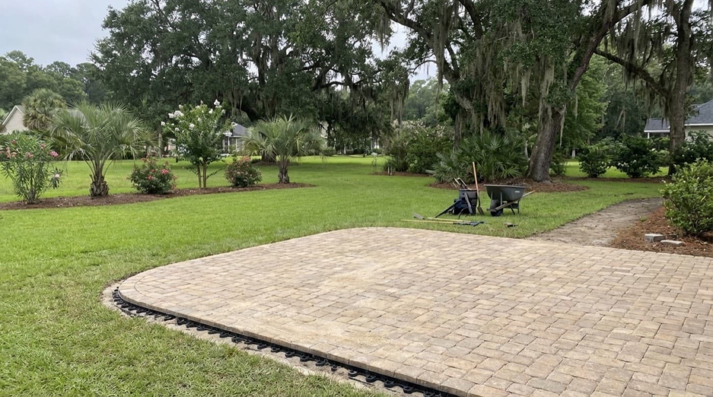 Uneven paver patio with visible settling and water pooling