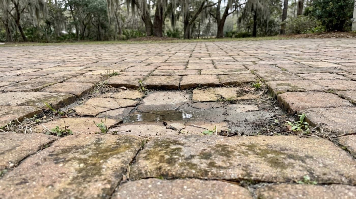 Uneven driveway pavers with pooling water