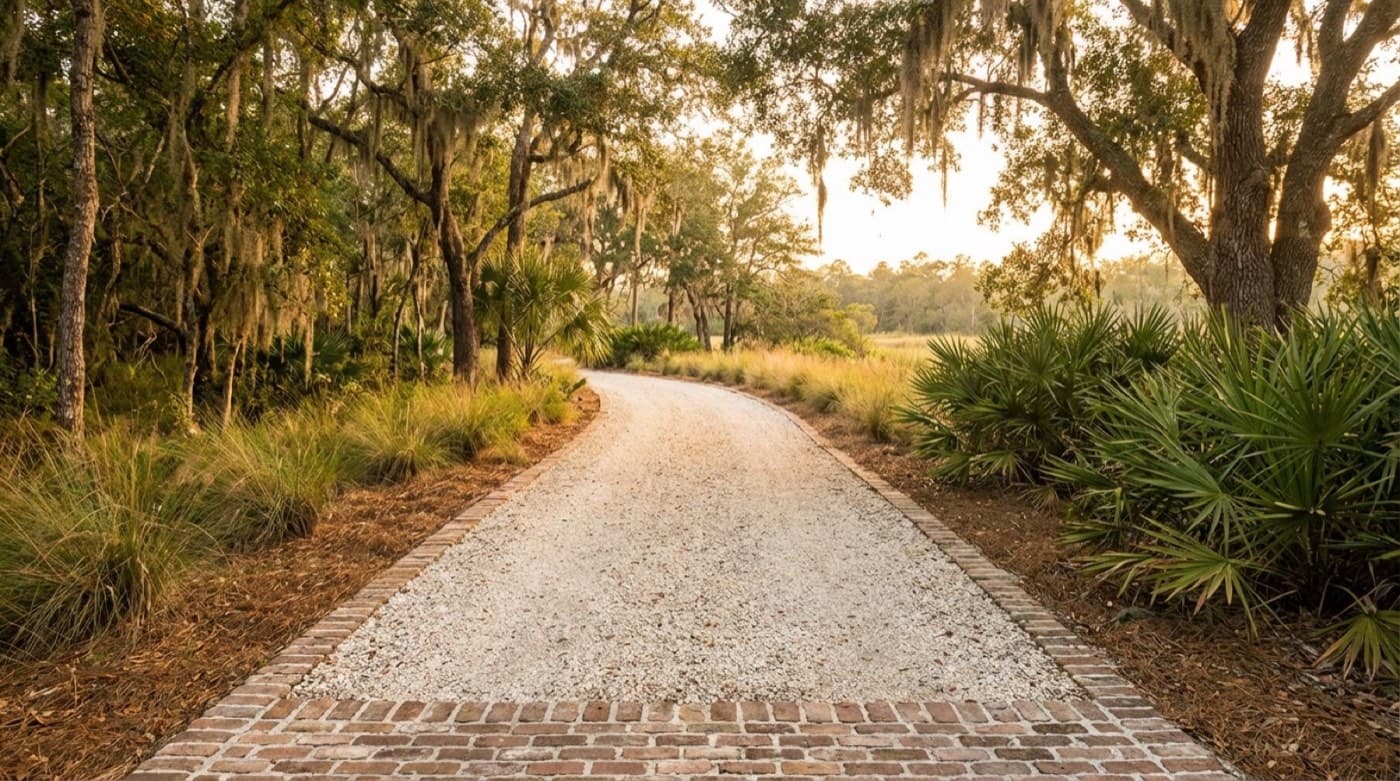 Finished driveway with paver border and coastal landscaping