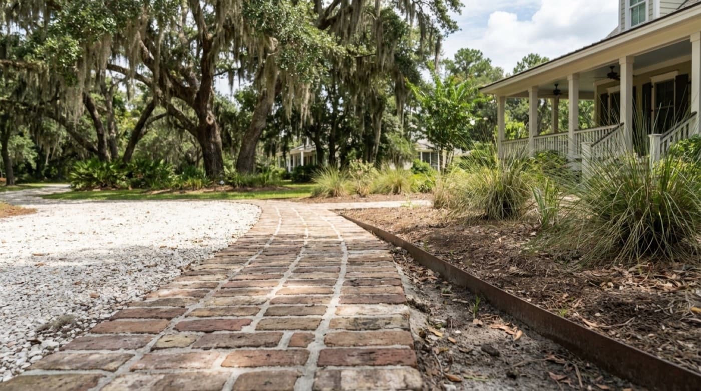 Paver base preparation and material layout for a coastal outdoor project