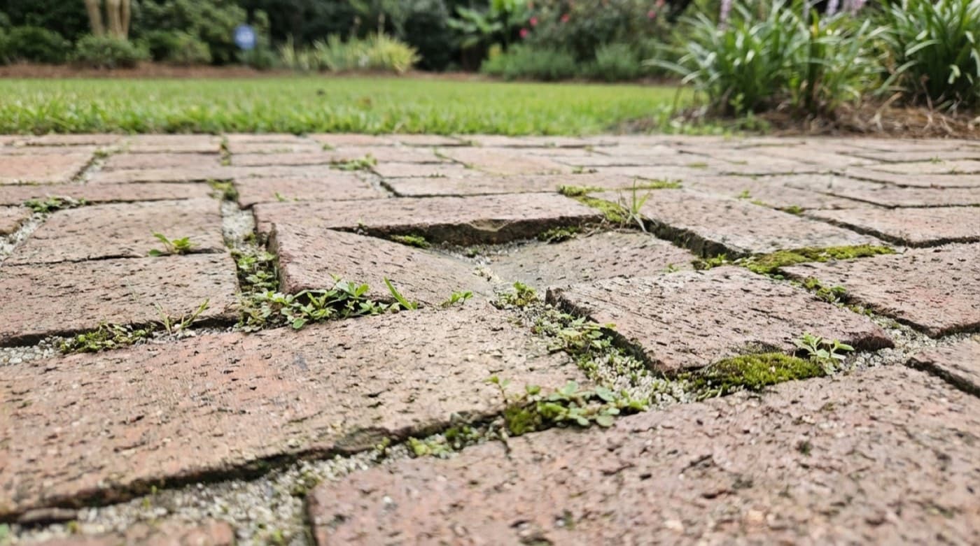 Uneven pavers with standing water after a storm