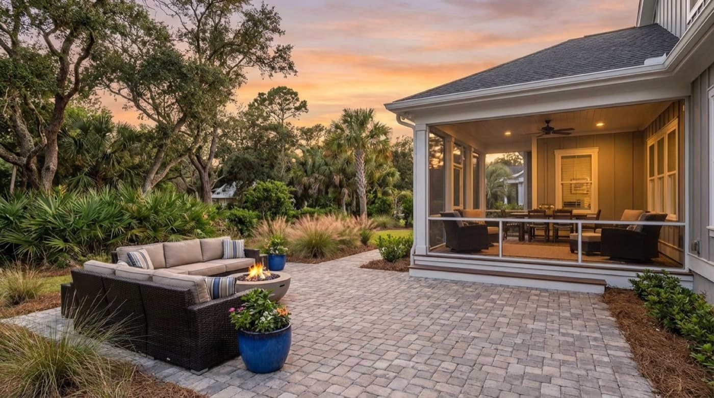 Finished outdoor living space with seating and a coastal marsh view
