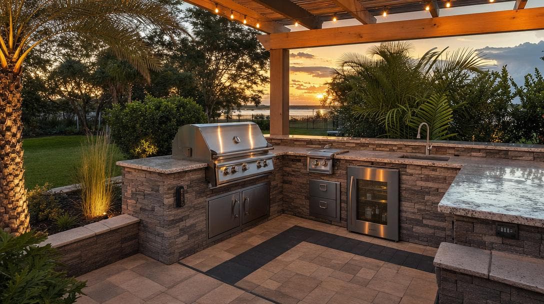 Custom outdoor kitchen with stainless built-in grill, beverage fridge, stone veneer cabinets, and cedar pergola overlooking a Lowcountry marsh at sunset