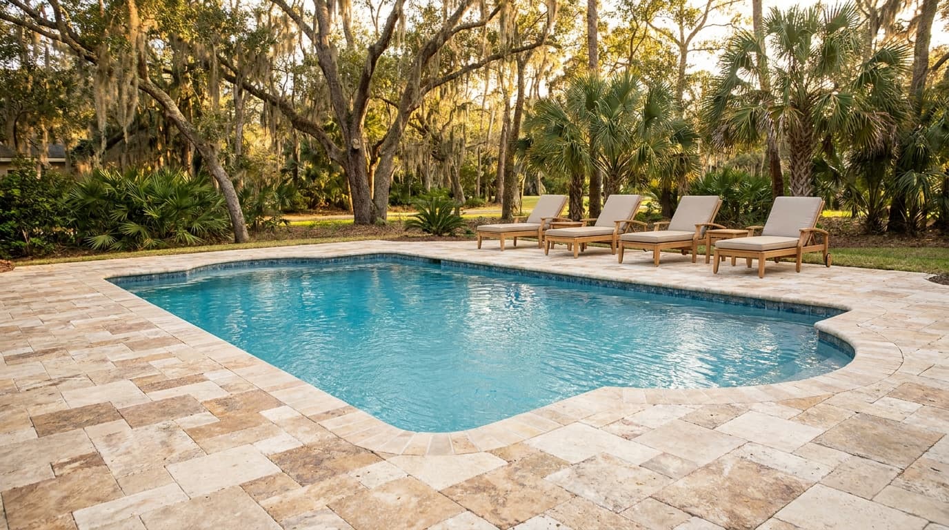 Tumbled travertine paver pool deck wrapping a backyard pool at a Lowcountry home