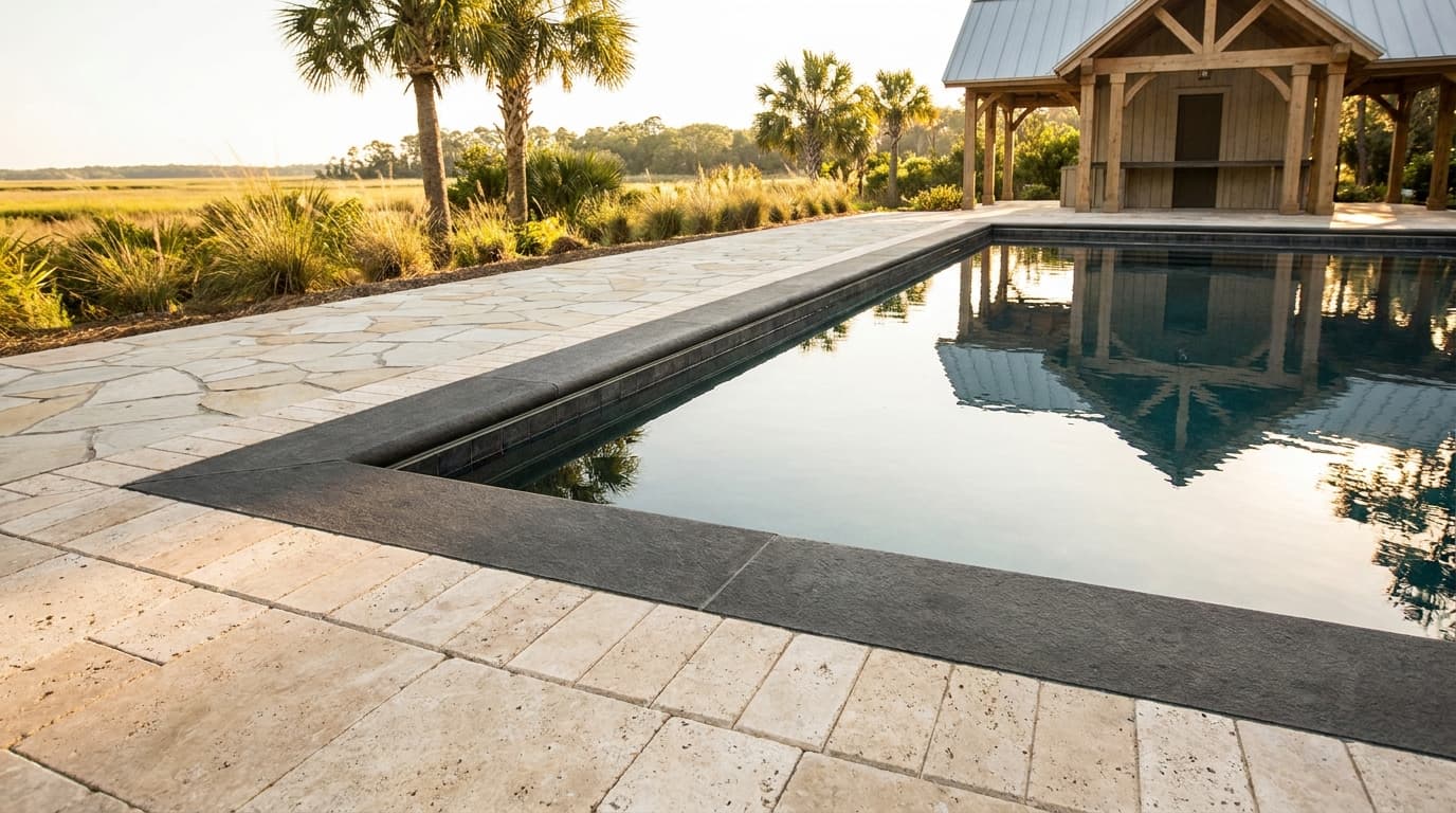 Pool with a contrasting bullnose coping and a soldier-course paver border