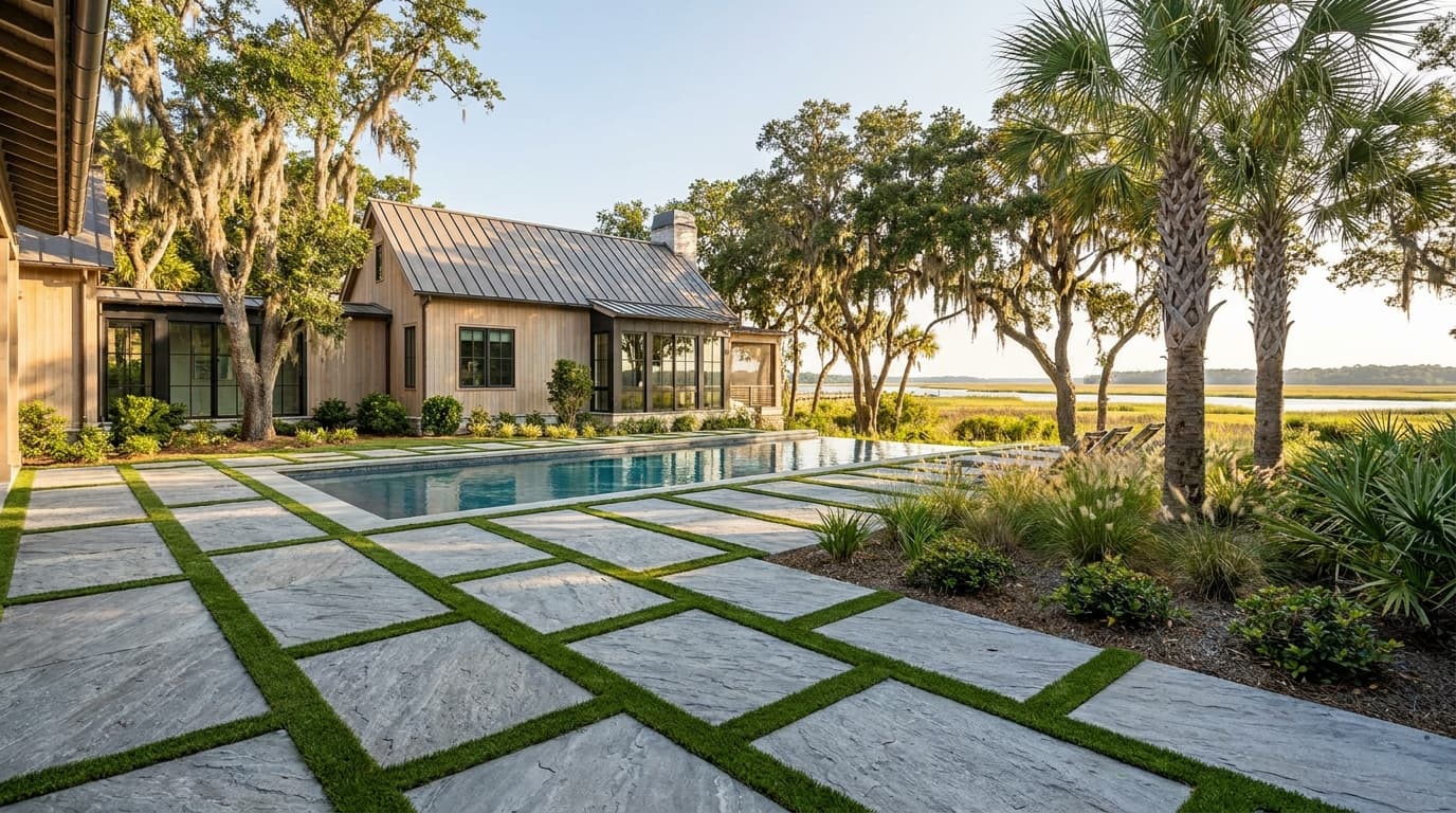 Modern pool deck mixing large-format pavers with artificial turf strips