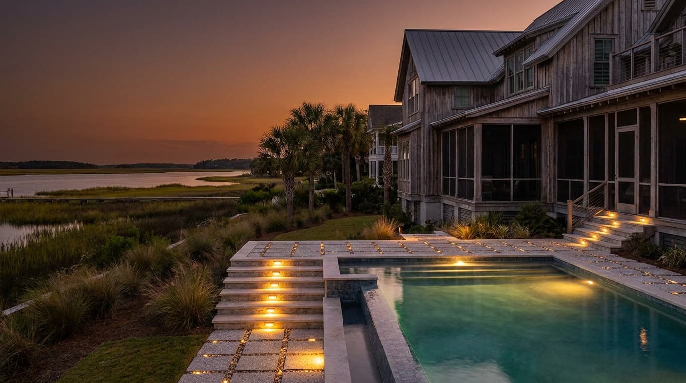 Permeable paver pool deck with integrated low-voltage lighting at dusk