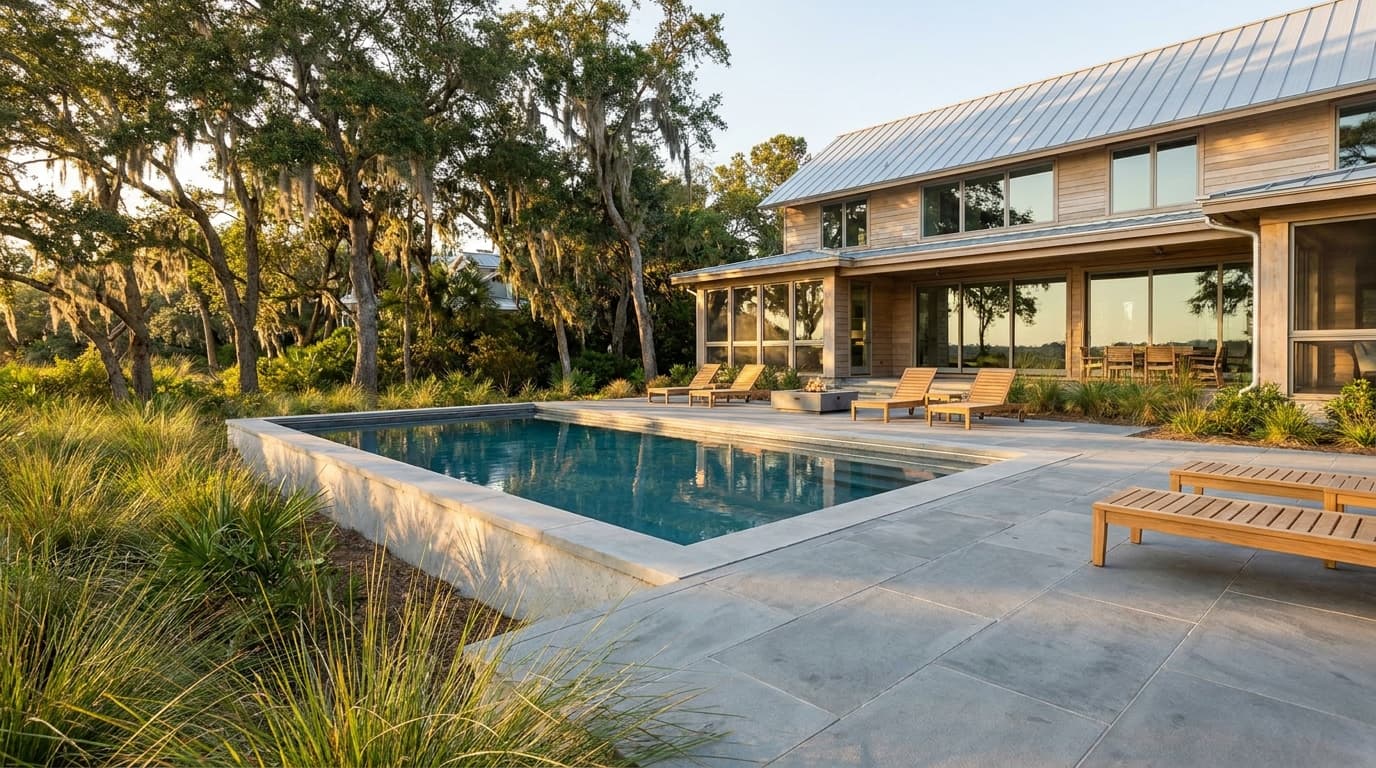 Large-format porcelain paver pool deck with a modern, low-maintenance surface