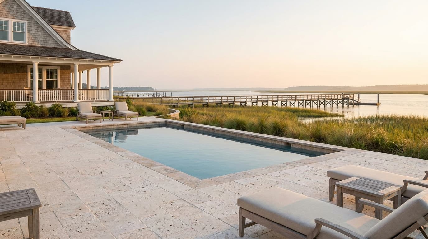 Shellstone paver pool deck with an oyster-shell texture in a coastal backyard