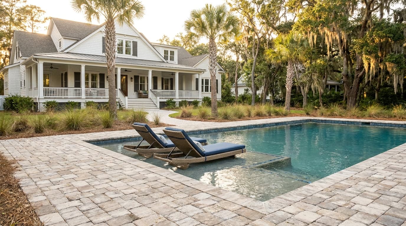 Pool with a tanning ledge and matching paver deck and coping