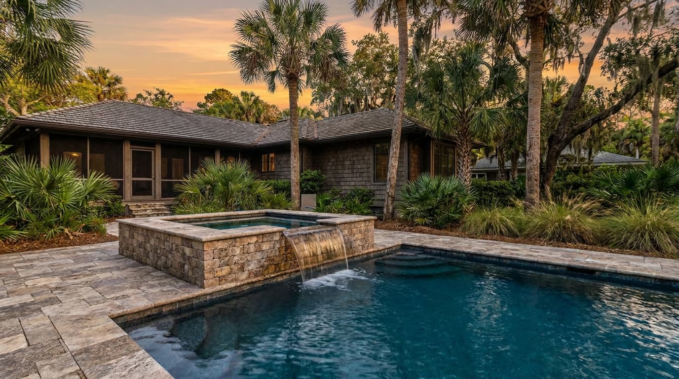 Raised paver spa surround spilling over into an in-ground pool