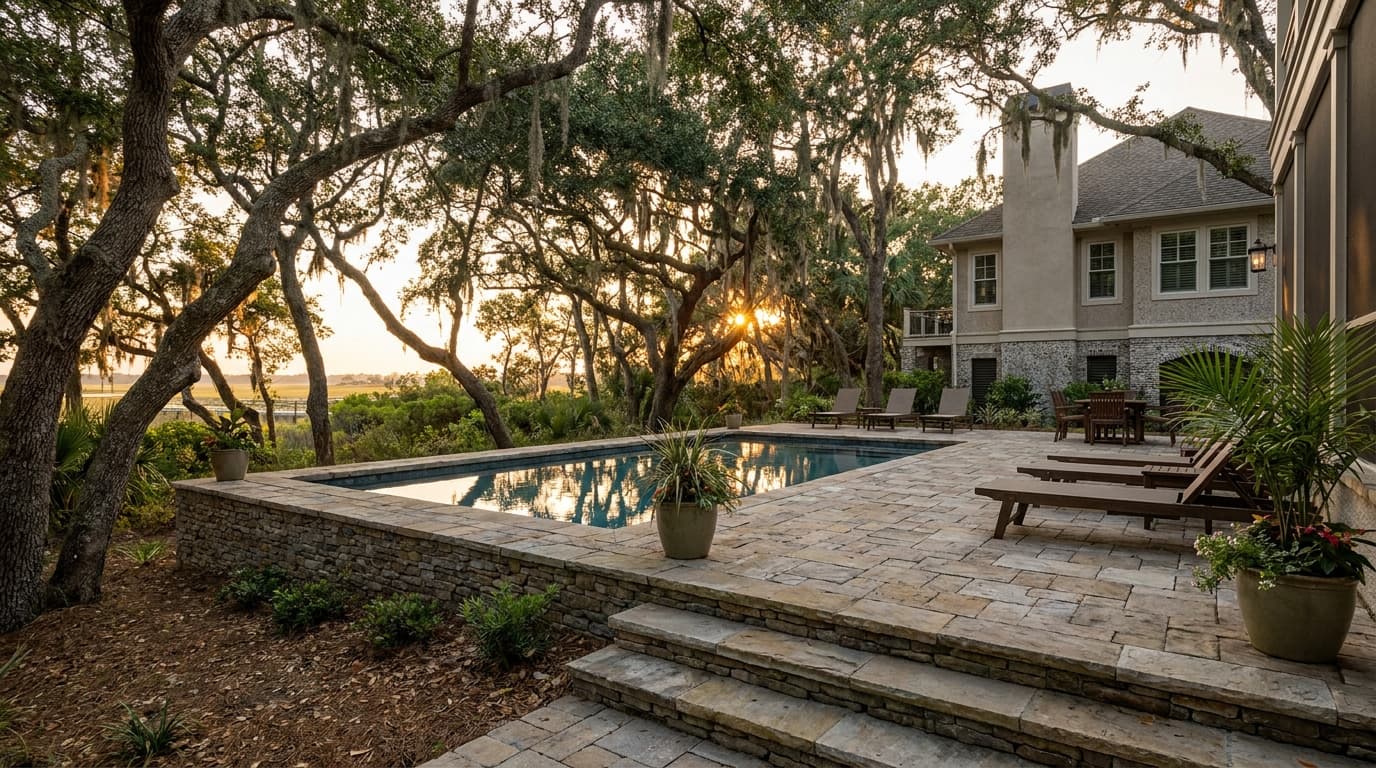 Multi-level paver pool deck with steps and a low retaining wall