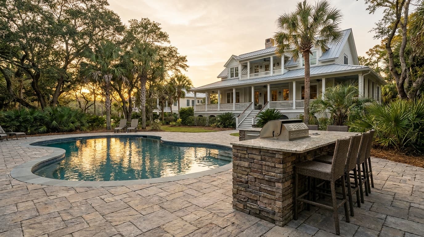 Paver pool deck with a built-in outdoor kitchen and bar seating