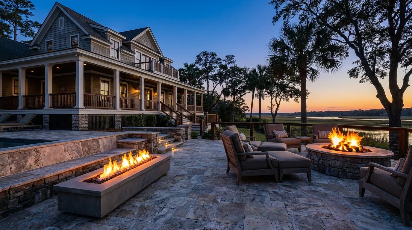 Paver pool deck with a fire pit at the edge for evening use