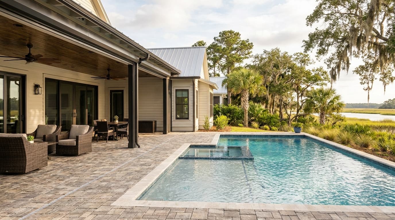 Paver pool deck under a screened lanai at a Lowcountry home
