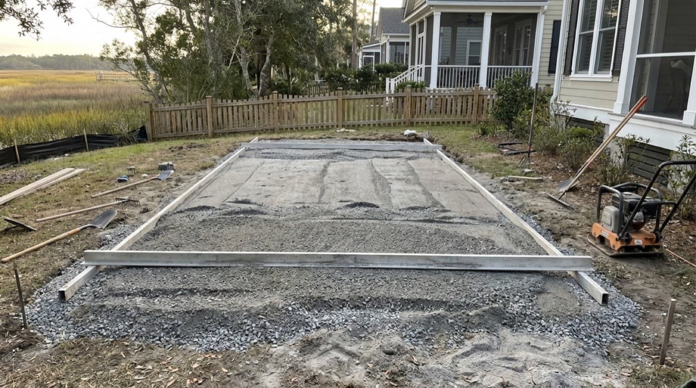 Base preparation for a paver patio showing compacted layers and grading tools