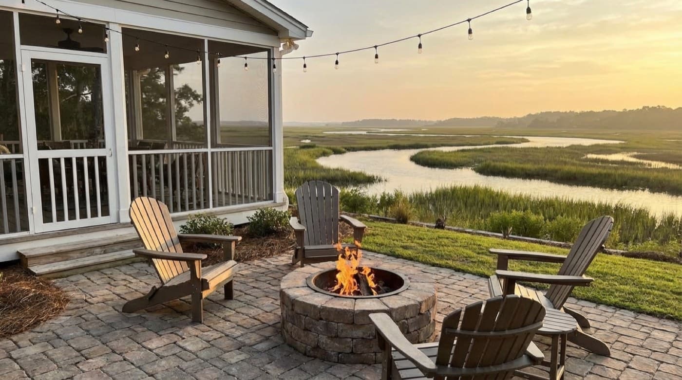 Finished paver patio with seating and a screened porch overlooking a marsh
