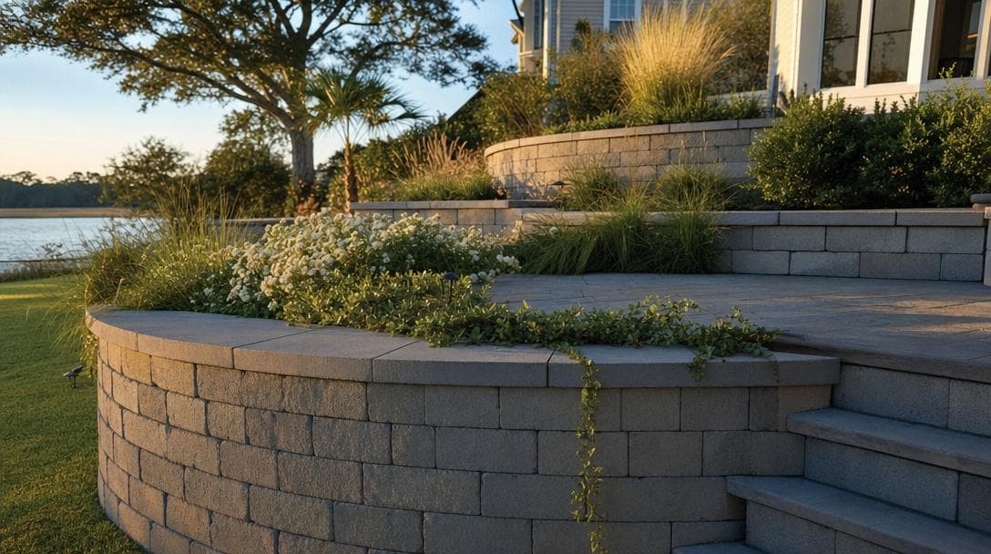 Curved segmental block retaining wall with capstones, native plants cascading over, and a paver patio above in a coastal South Carolina backyard