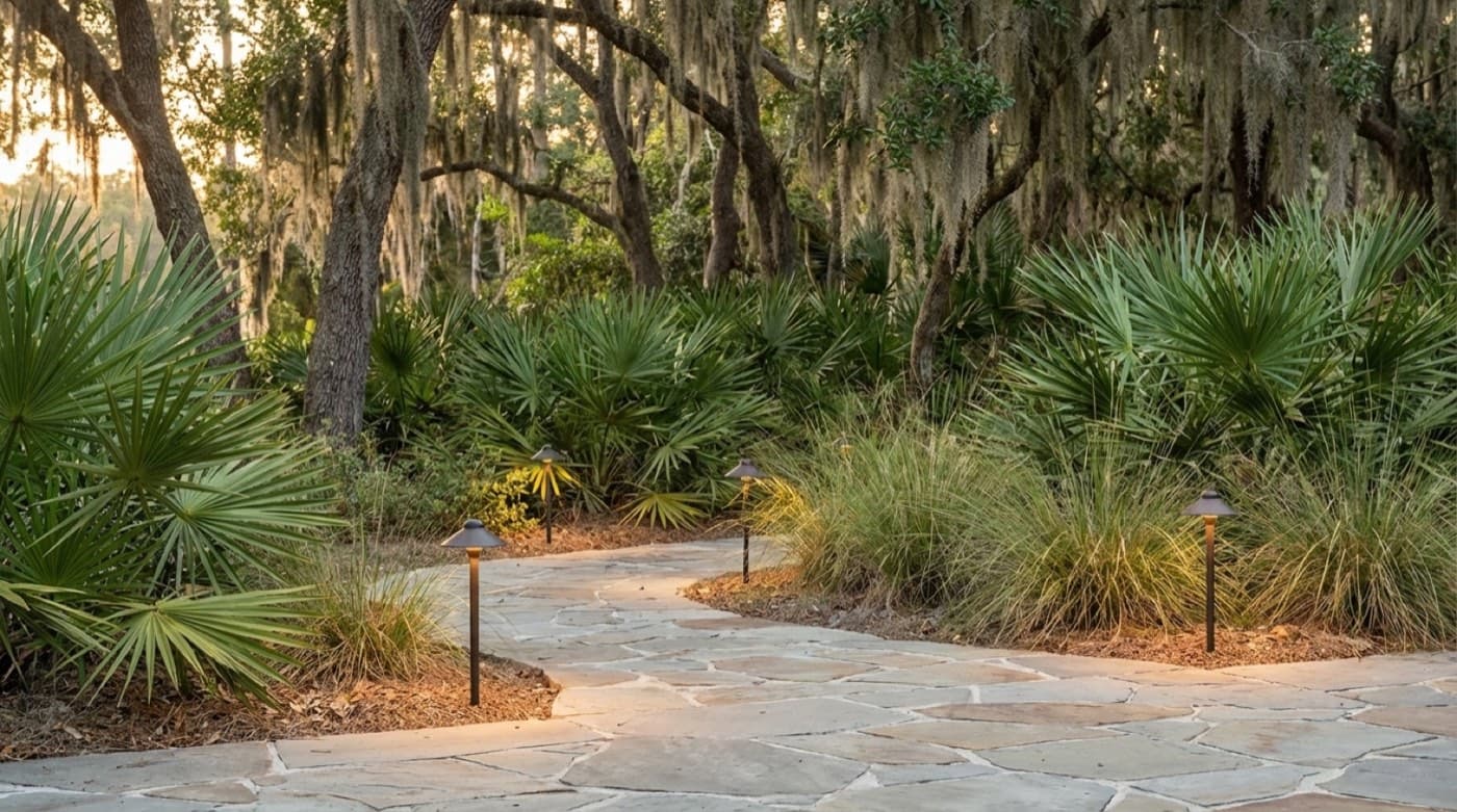 Paver base preparation with layout lines for a backyard project