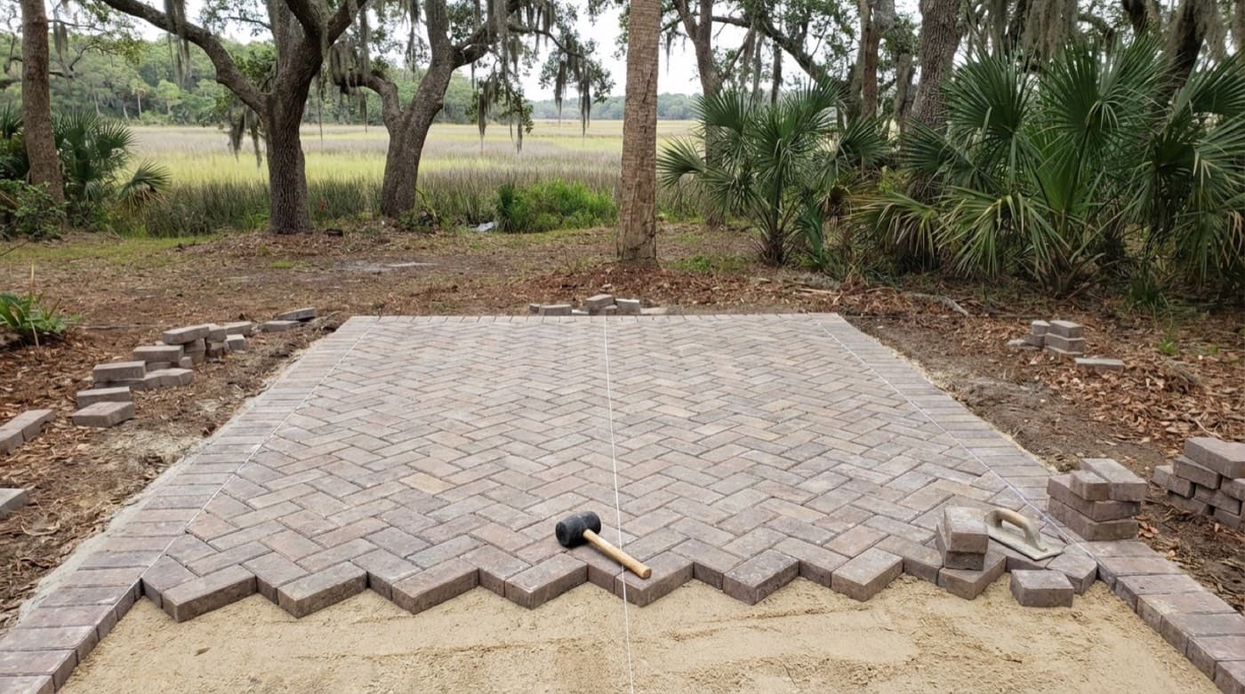 Poorly installed pavers with uneven surfaces and water pooling