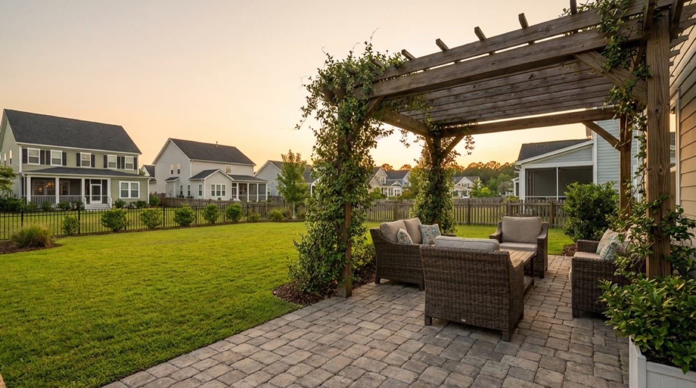 Finished backyard patio with seating and warm lighting