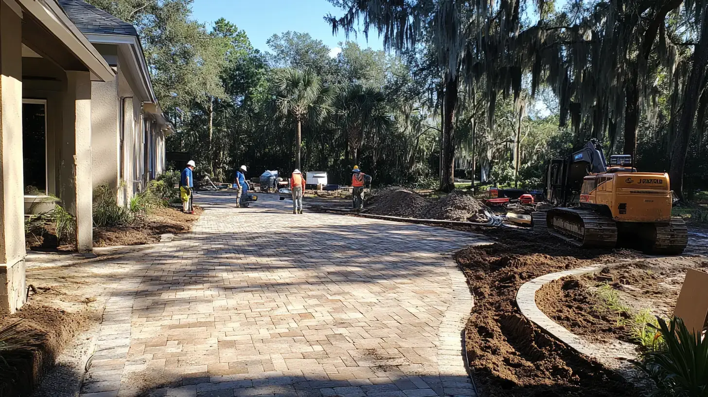 Crew installing a residential paver driveway over a prepared aggregate base