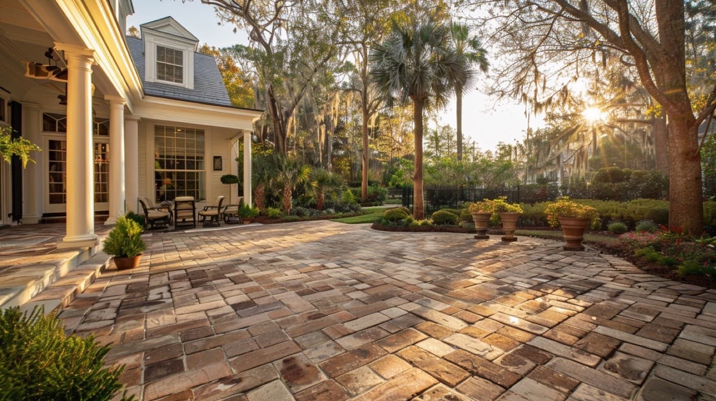 A finished paver patio at a Charleston, South Carolina home with a blended-neutral field and a darker soldier-course border