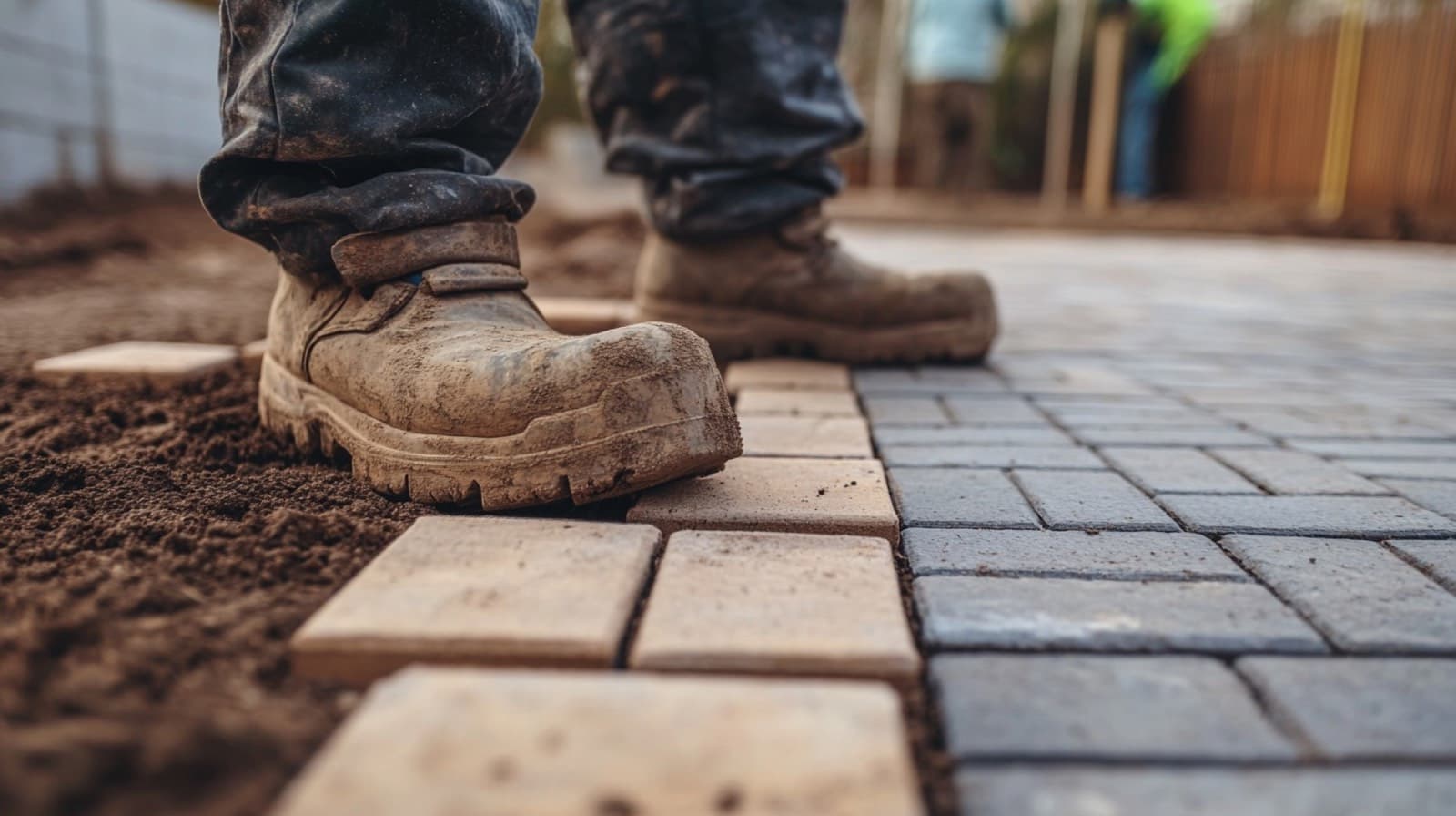 Paver patio with a contrasting soldier-course border being installed