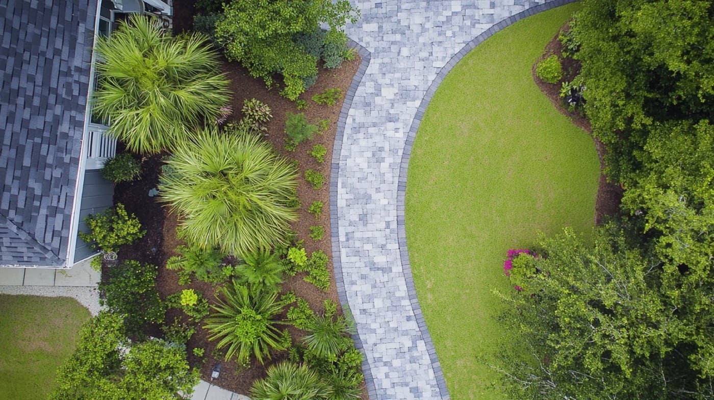 Drone view of a paver walkway wrapping around a Lowcountry home