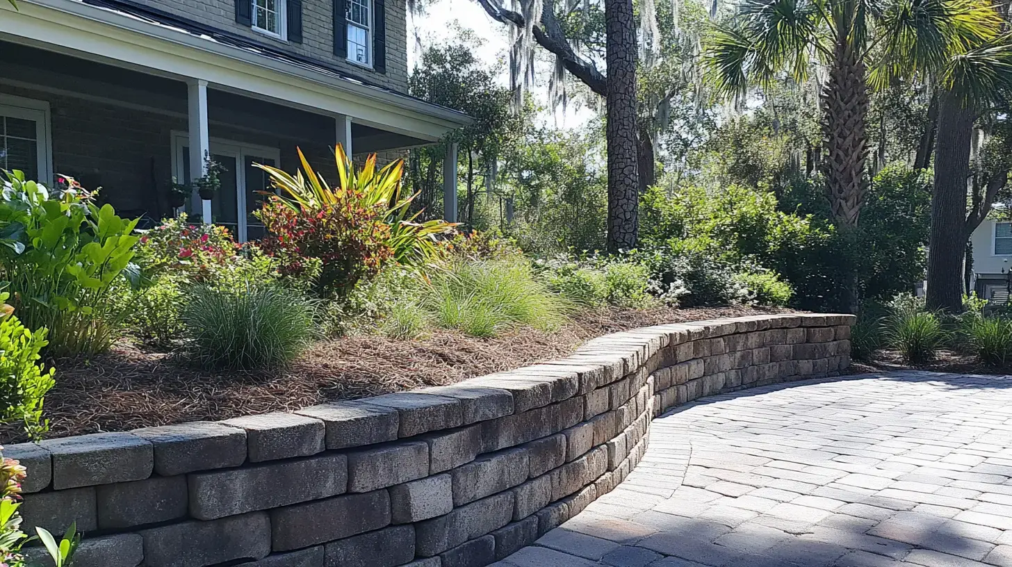 Curved segmental retaining wall beside a paver driveway in Charleston